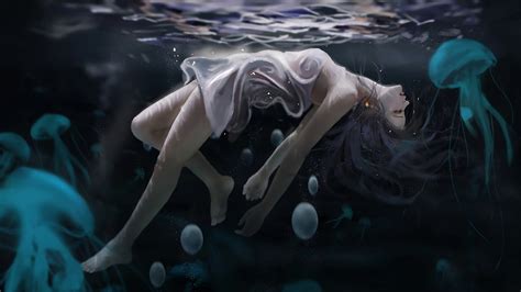 动漫美女困在水下