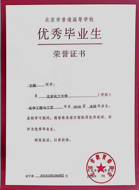 北京市优秀毕业生证书