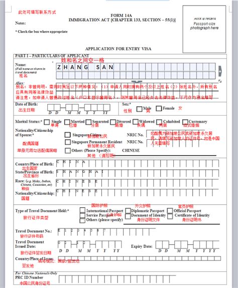 新加坡儿童签证申请表填写样本