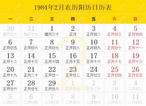 1984年阴历阳历对照表